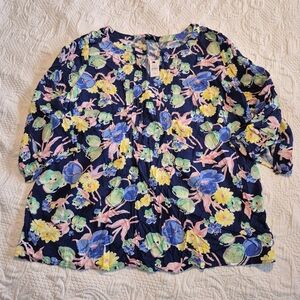 Talbots 1X P 3/4 sleeve floral flowy blouse navy pink yellow green NEW